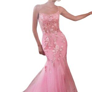NWT Ladivine D145 Floral Applique Prom Dress Pink 4